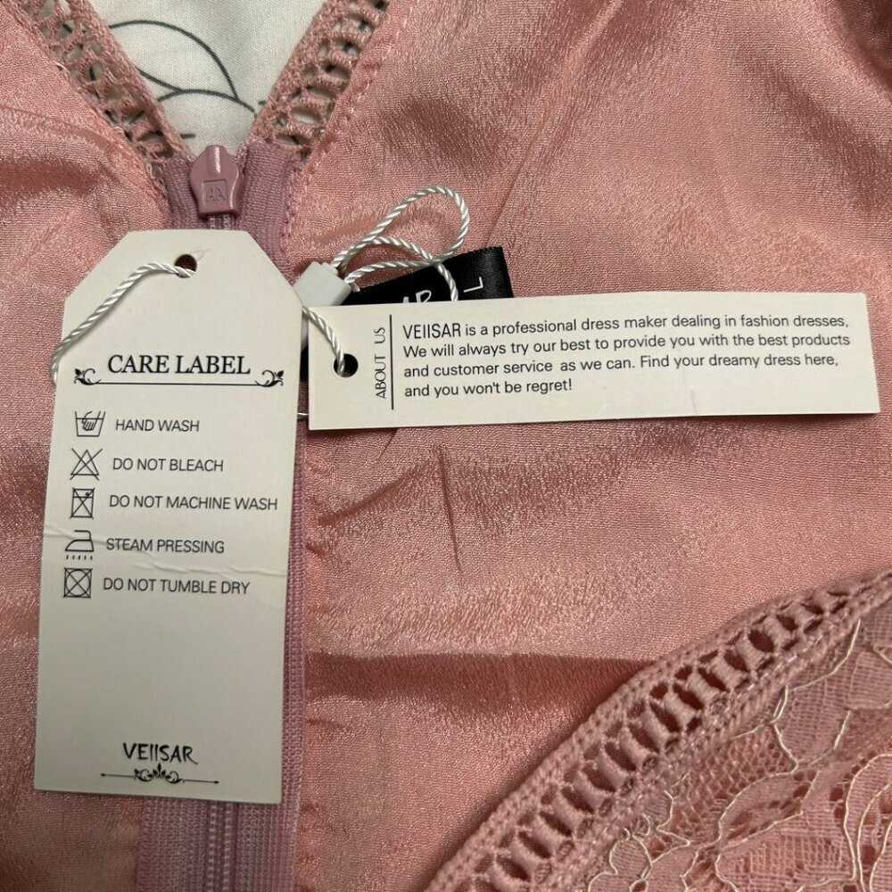 NWT VEIISAR Rose-colored Elegant V-neck A-Line Cocktail Dress Lace Overlay Large - Picture 7 of 13
